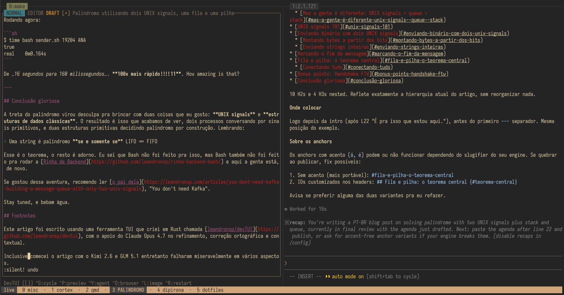 Print do DevTUI no Tmux com o Claude Code ao lado